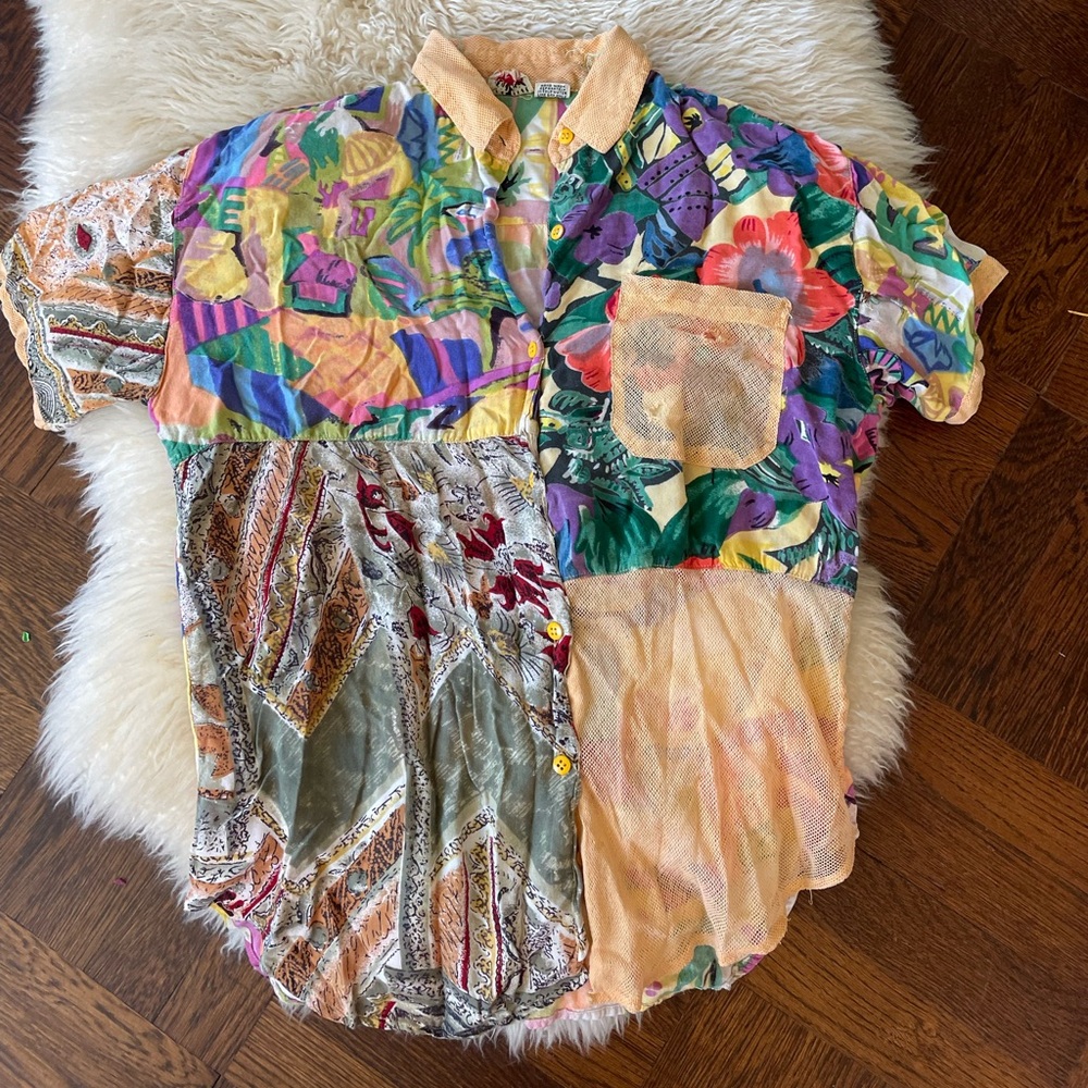 70s vintage psychedelic Colorful Patchwork women's Shirt After All mesh
